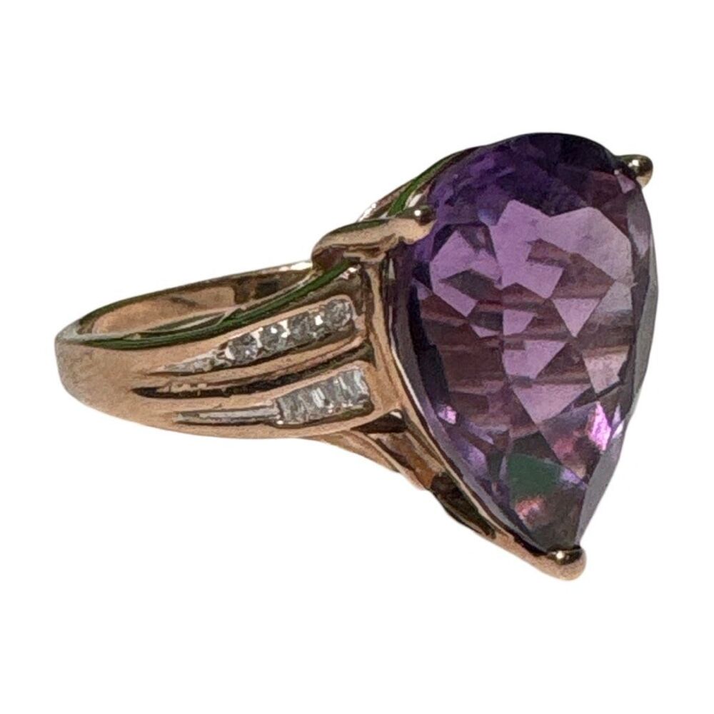 Estate Real Amethyst & Diamond 10k Yellow Gold Ring Size 8 Signed Women’s